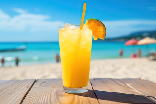 Fresh cold cocktail on a tropical beach with palm trees and blue water. Summer sea holiday and travel concept. Generated by artificial intelligence