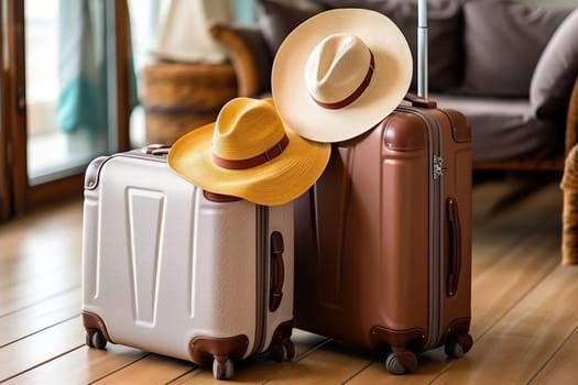 Two suitcases on wheels, two straw hats against the background of a blurry apartment. Preparing for the trip. The concept of holidays, vacation, seaside holiday.