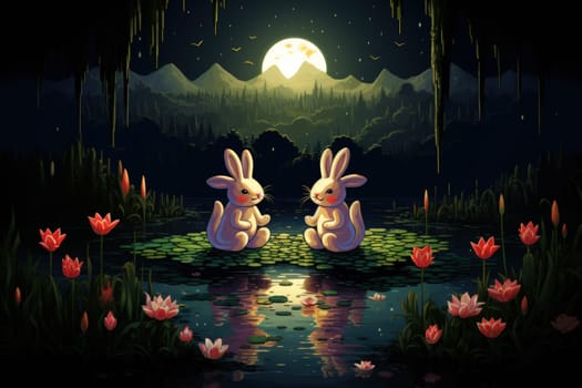 Within the realm of fantasy, playful moon rabbits frolic, their presence bringing luck and fortune to those fortunate enough to encounter them.