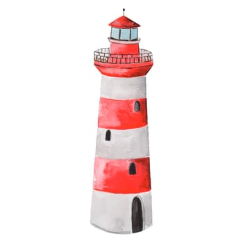 Hand drawn watercolor painting lighthouse red white scandi style. stylish isolated lighthouse for your business. High quality photo