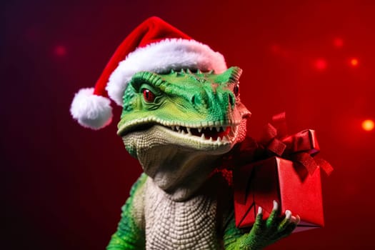 A green dragon in a Santa hat with red gift on red background. New Year's card template for the 2024 year of the dragon