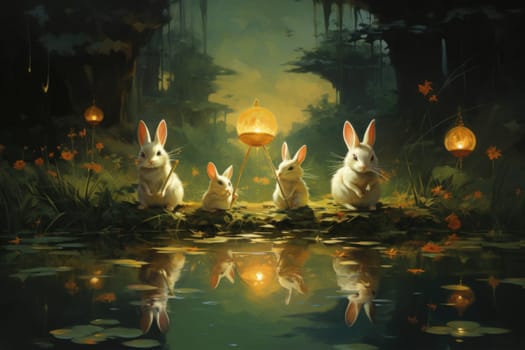 Within the realm of fantasy, playful moon rabbits frolic, their presence bringing luck and fortune to those fortunate enough to encounter them.
