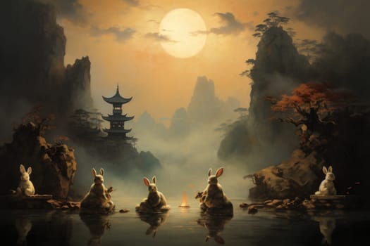 Within the realm of fantasy, playful moon rabbits frolic, their presence bringing luck and fortune to those fortunate enough to encounter them.