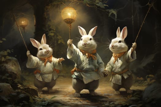 Within the realm of fantasy, playful moon rabbits frolic, their presence bringing luck and fortune to those fortunate enough to encounter them.
