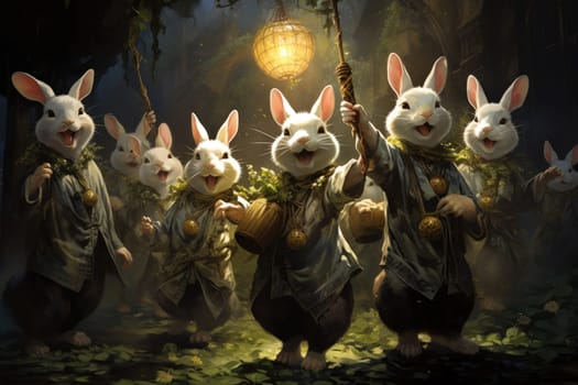 Within the realm of fantasy, playful moon rabbits frolic, their presence bringing luck and fortune to those fortunate enough to encounter them.