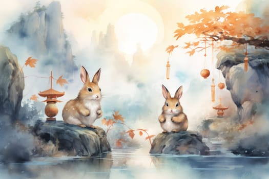 Within the realm of fantasy, playful moon rabbits frolic, their presence bringing luck and fortune to those fortunate enough to encounter them.