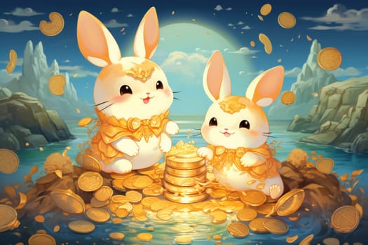 Within the realm of fantasy, playful moon rabbits frolic, their presence bringing luck and fortune to those fortunate enough to encounter them.