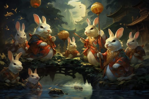 Within the realm of fantasy, playful moon rabbits frolic, their presence bringing luck and fortune to those fortunate enough to encounter them.