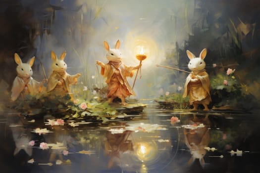 Within the realm of fantasy, playful moon rabbits frolic, their presence bringing luck and fortune to those fortunate enough to encounter them.
