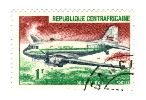 central african stamp with airplane - Douglas DC3