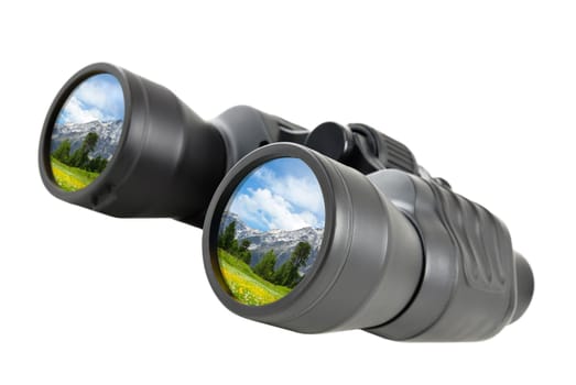 Studio shot from an isolated pair of binoculars with the reflection of a mountain landscape