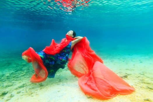 Young beautiful woman in blue dress underwater
