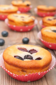 Homemade Blueberry Muffins on Wooden Table