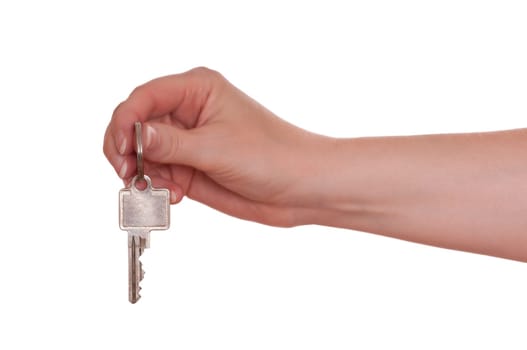 White isolated female hand holding a key