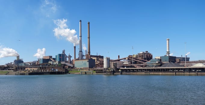 panoramic view of large steel factory in IJmuiden, Netherlands