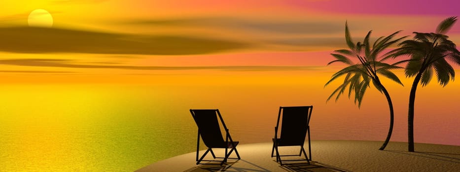 Two chairs and palm trees on the sand next to the sea by sunset