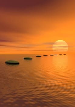 Grey stones steps upon the ocean going to the sun by cloudy sunset