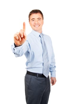 Happy business man with number one hand gesture on isolated background