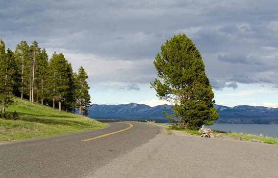 Road on Yellowstone Lake in Wyoming in the United States of America