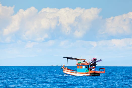 Traditional Thai small fishing boat in the Gulf of Thailand