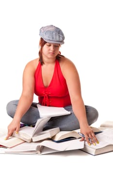 Portrait of a college student girl against white background
