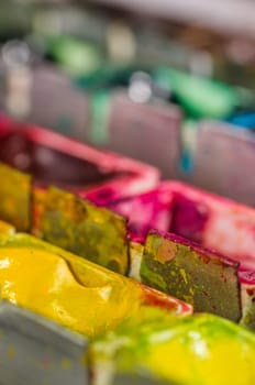 Macro shot of a watercolor paint box