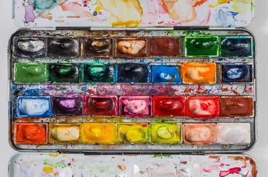 View of a watercolor paint box