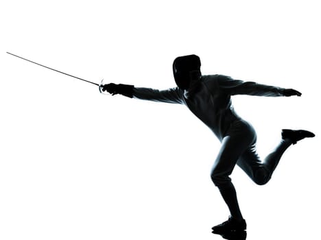 one man fencing silhouette in studio isolated on white background