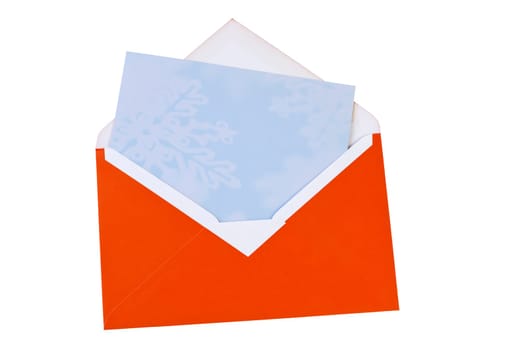 Blank light blue Christmas card in red opened envelope
