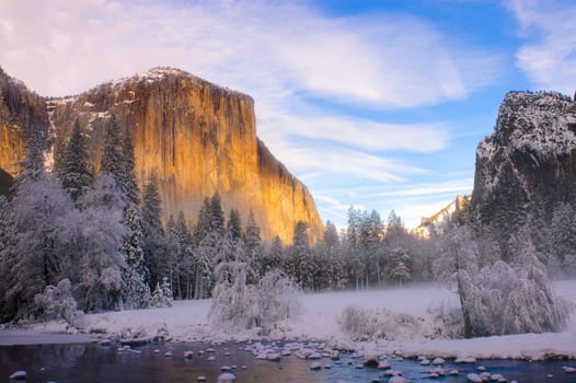 view of the Merced river and El Capitan in Yosemite valley in California during winter