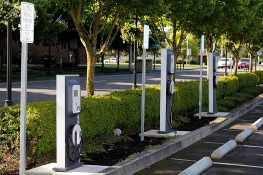 BEAVERTON, OREGON - MAY 25: A few electric vehicle charging stations located across from the city library on May 25, 2012 in Beaverton, Oregon.