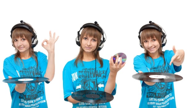 Girl with vinyl disk and CD-disk in earphone on white background