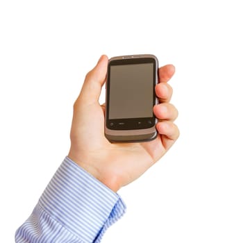 Hand holding mobile smart phone with blank screen Isolated on white