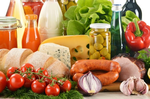 Composition with variety of grocery products including vegetable, fruits, meat, dairy and wine