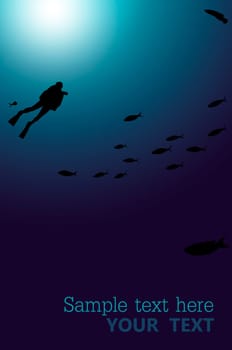 Diver underwater blue background with space for your text