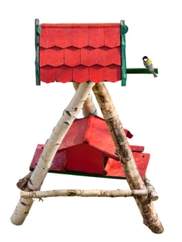 Great sitting on a red birdhouse,isolated on white