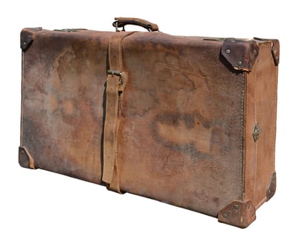 Very old leather suitcase, isolated on white.