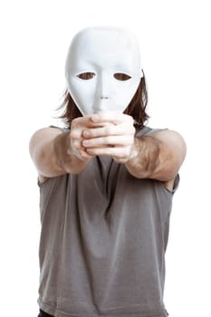 Bizarre man holding white mask, isolated on white background.