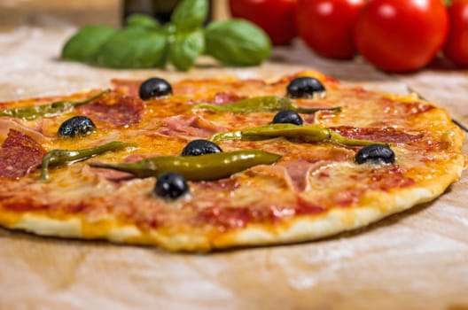 Pizza on wooden table