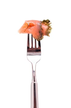 White Insulated Graved Salmon with Dill on a Fork