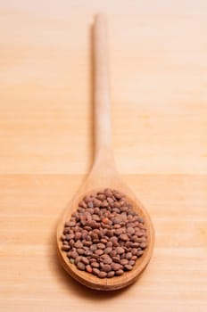 Brown organic lentils on a spoon in portrait format