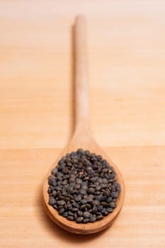 Wooden spoon with dark Alb lenses in portrait format