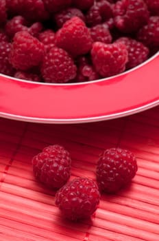 Red raspberries on a red background and plate
