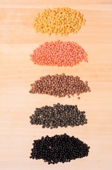 Five piles of different vegetable lentils