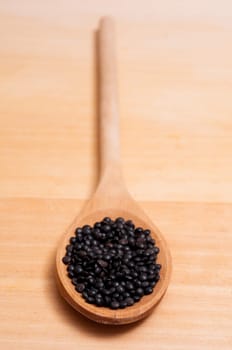 Black beluga lentils on a wooden spoon
