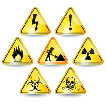 Set of seven yellow warning signs