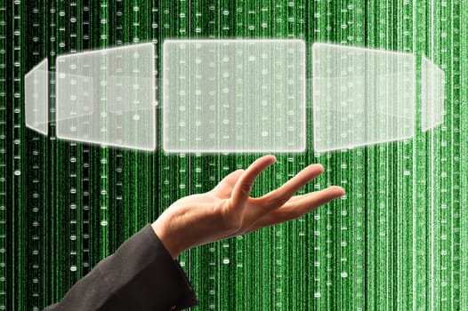 hand hold a touch screen interface with digital matrix background