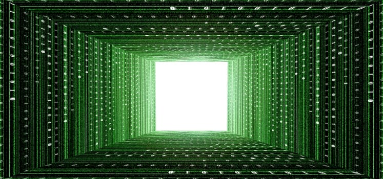 green matrix tunnel with touch screen interface and light at the end