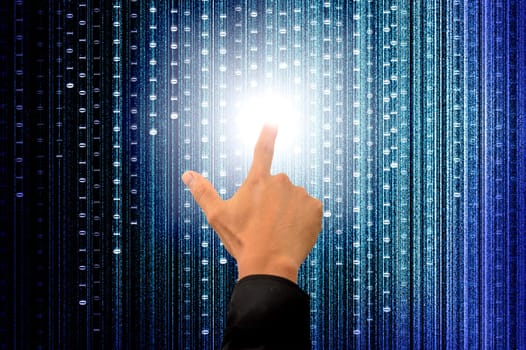 hand pushing a button on a touch screen interface with digital matrix background