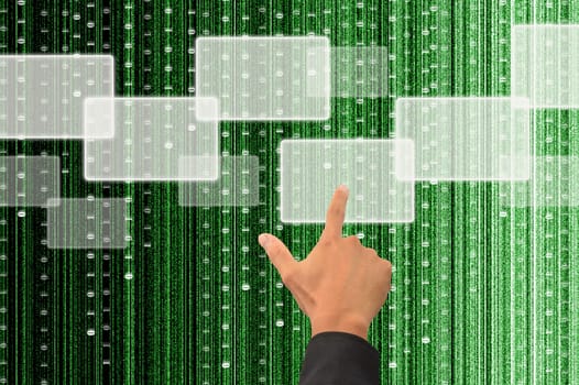 hand pushing a button on a touch screen interface with digital matrix background